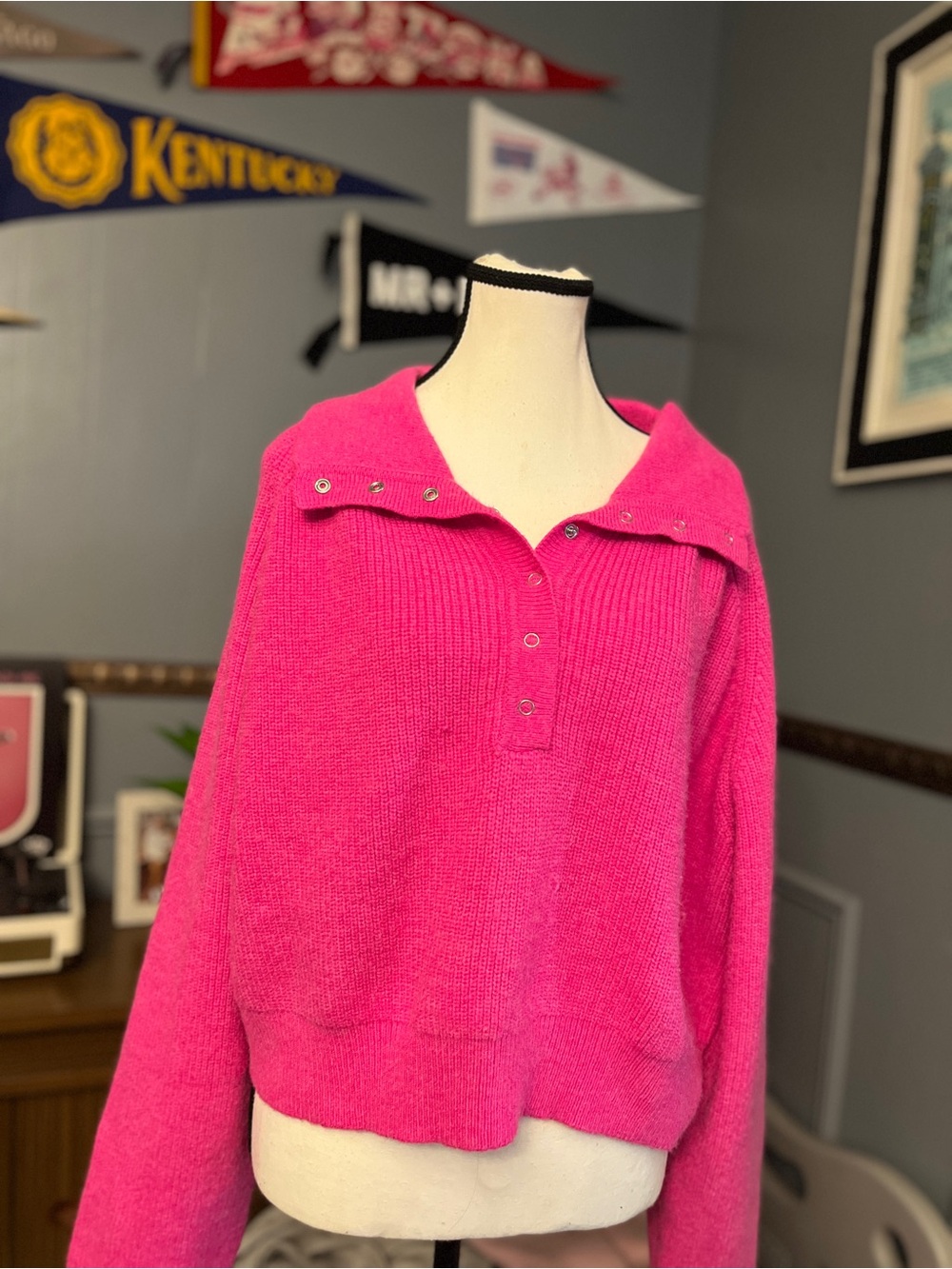 Cozy Women's Hot Pink Snap-Collar Sweater